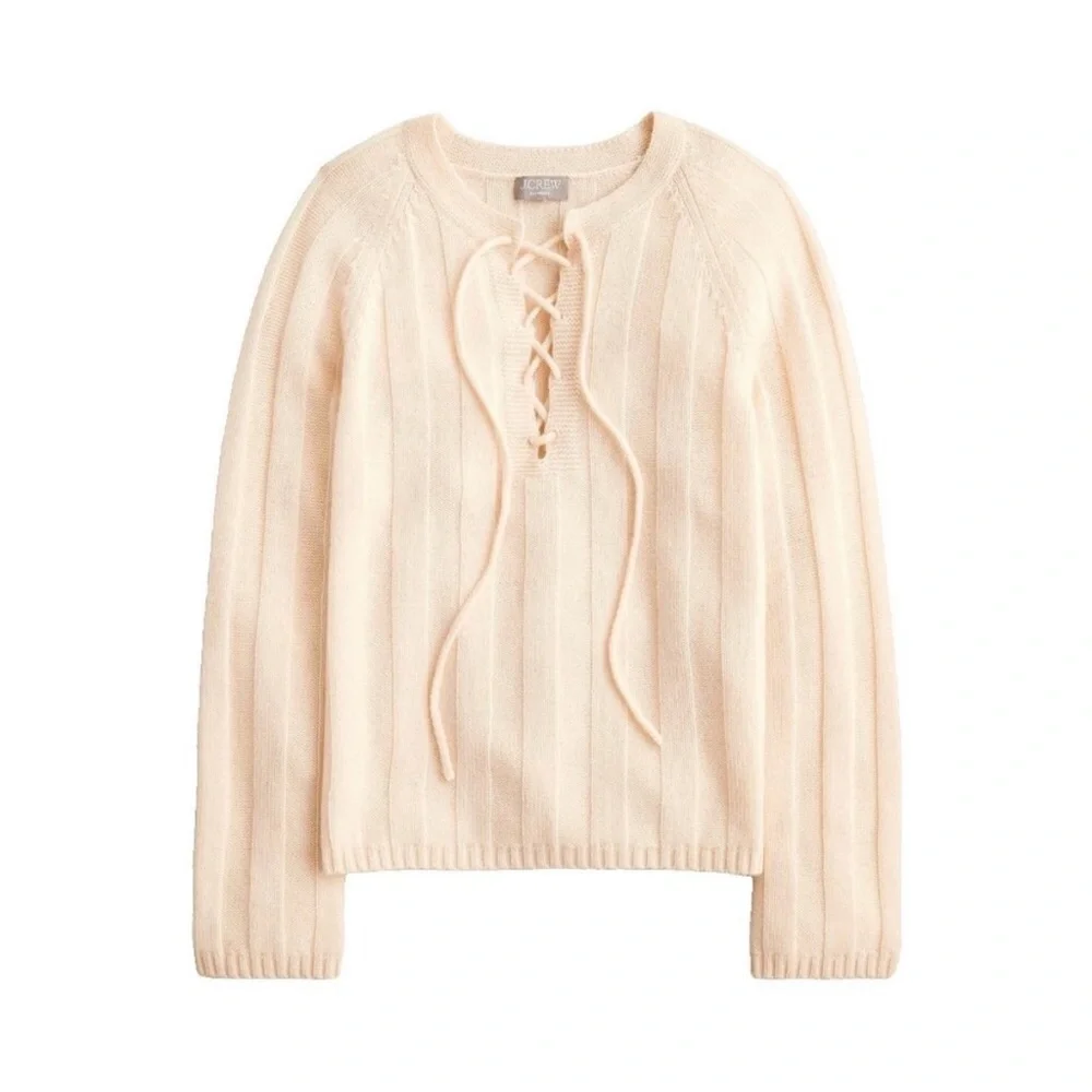 J. Crew Collection Lace Up Sweater 100% Cashmere Cream  Ribbed S NWT *flaw - Picture 2 of 14